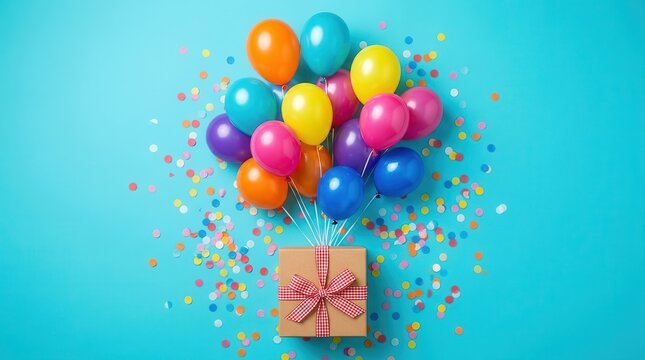 Colorful balloons and confetti flying out of a gift box for a birthday party flat lay.