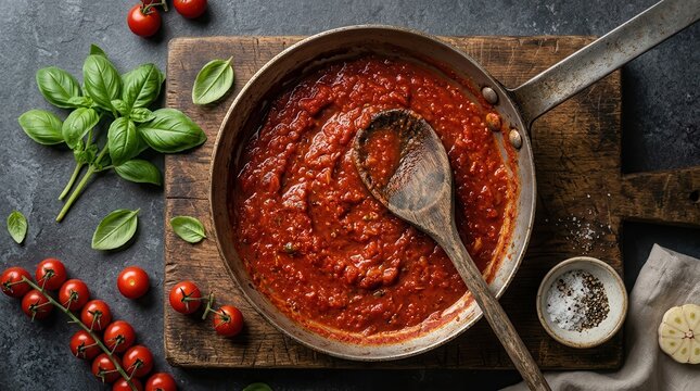 Homemade Italian tomato sauce with fresh basil in a pan on a wooden board.