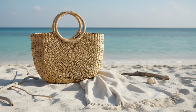 Straw beach bag on white sand with towel, driftwood, turquoise ocean, and blue sky, capturing a serene tropical vacation