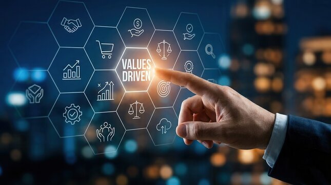 Values driven marketing concept with digital icons for customer centric strategies.