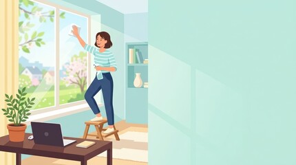 Fototapeta premium Woman cleaning home office window with spray and cloth