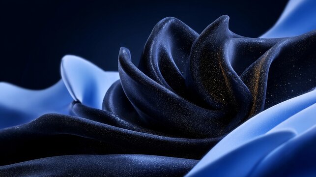 A close-up of a delicate blue and black flower with shimmering petals.