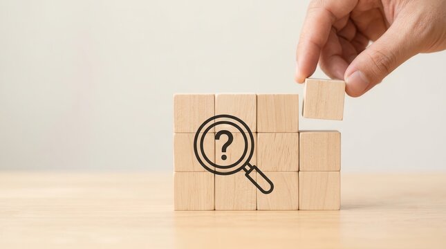 Magnifying glass and question mark icon printed on wooden cube blocks for root cause analysis.