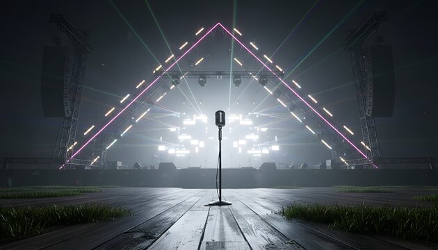 Vintage microphone on a musician stage at night during a glastonbury festival event for a nightlife entertainment concept featuring neon laser lights and atmospheric fog