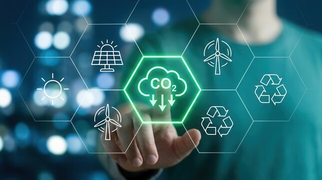 Carbon neutral concept showing reduction of carbon emissions and net zero greenhouse gas emissions target.