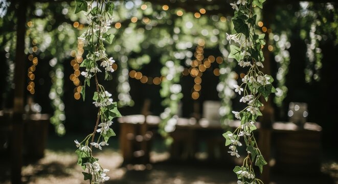 Delicate trailing ivy vines with tiny white flowers creating a romantic green archway illuminated by soft bokeh lights