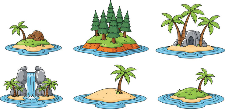 Large collection of various tropical island illustrations featuring palm trees pine forests waterfalls and mysterious caves surrounded by blue ocean water for game map design