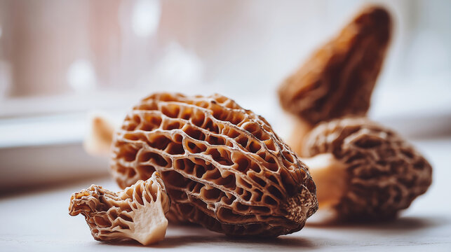 Close up of morel mushrooms showing intricate texture, kitchen setting, soft window light, food photography