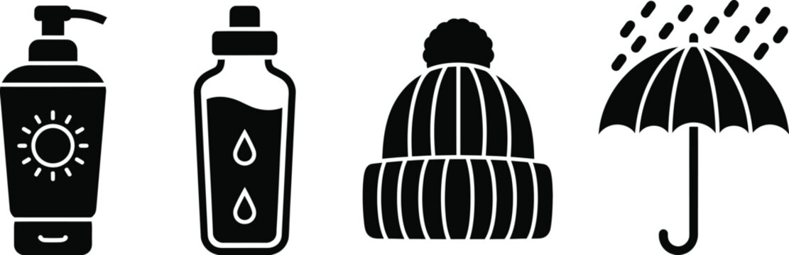 Weather icons, weather symbols, seasonal icons, black icons, sun protection, rain gear