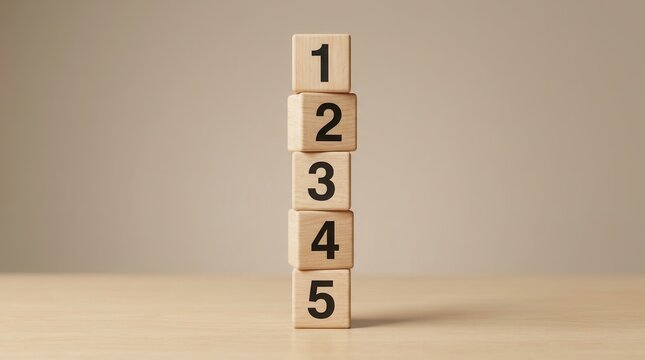 Wooden cube blocks with numbers one to five stacked to show task priority and management concept.