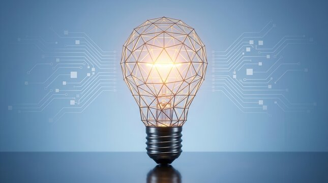 3D rendering of an innovative technology lightbulb concept with abstract digital connections.