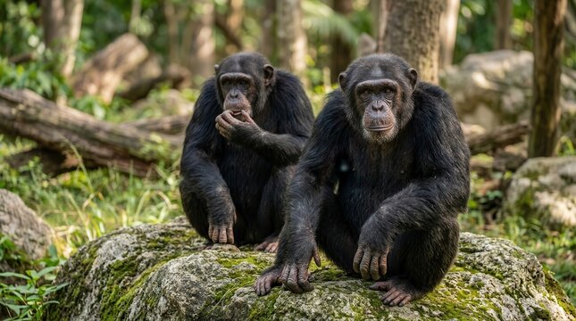 Two chimpanzees sitting on a large rock in a zoo habitat.