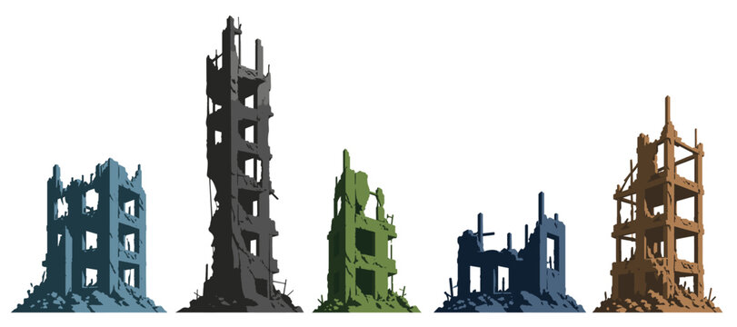 Destroyed Building Ruins Vector Set of War Damaged Abandoned Architecture Structures