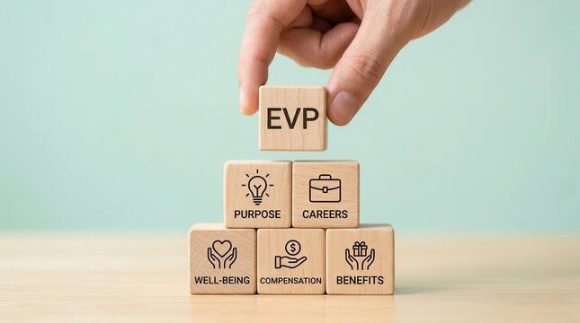 Employee value proposition (EVP) strategy concept using wooden blocks for talent retention.