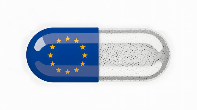 A blue and white capsule with the European flag on it, symbolizing health and unity