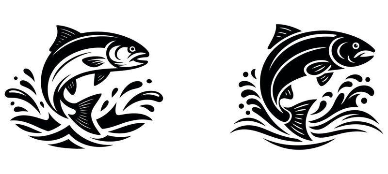 Two black and white graphic illustrations of salmon jumping out of stylized water waves.