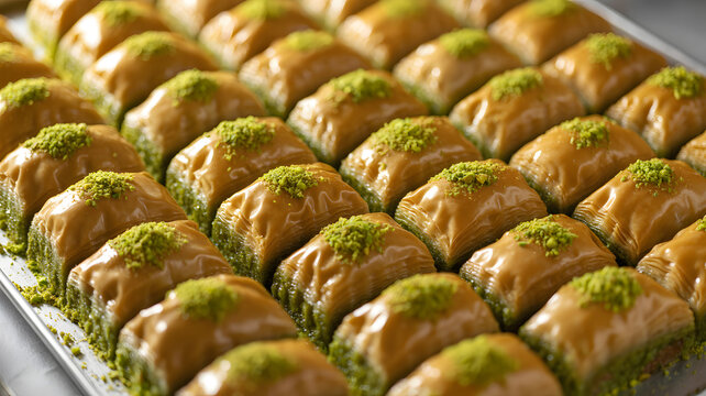 A tray of traditional baklava pastries with green pistachio toppings and golden brown phyllo dough