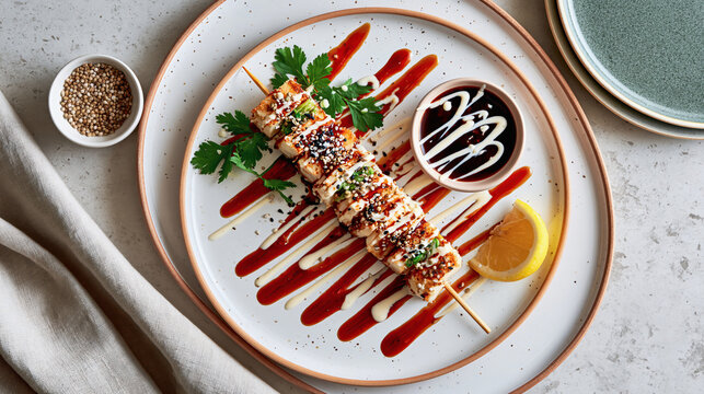 Overhead-view of Celeriac Skewers with Hoisin Sauce and Coriander Seed on an elegant plate. Best if grilled on a barbecue until the marinade begins to caramelize. Side dish with Middle Eastern flavor.