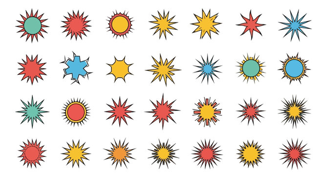 Collection of colorful starbursts and sun shapes, vector illustration
