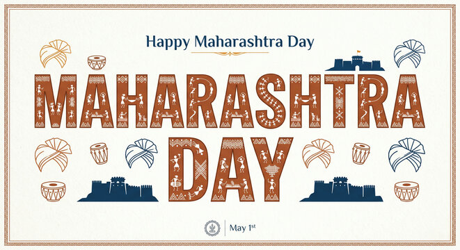 Happy Maharashtra Day typography design featuring traditional Warli art inside letters with pheta and dhol elements.
