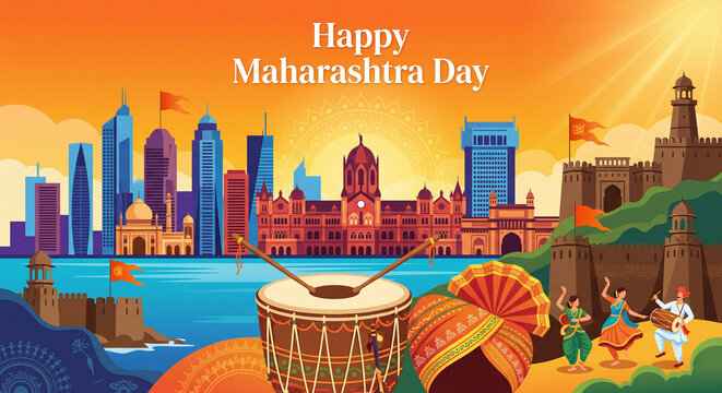 Happy Maharashtra Day banner showcasing the Mumbai skyline, historical forts, traditional dhol, pheta, and folk dancers.
