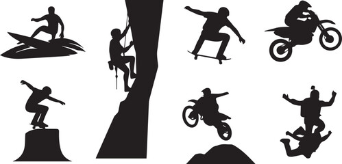 Extreme Sports Silhouette Set: Surfing, Climbing, Motocross © Vector 4 You