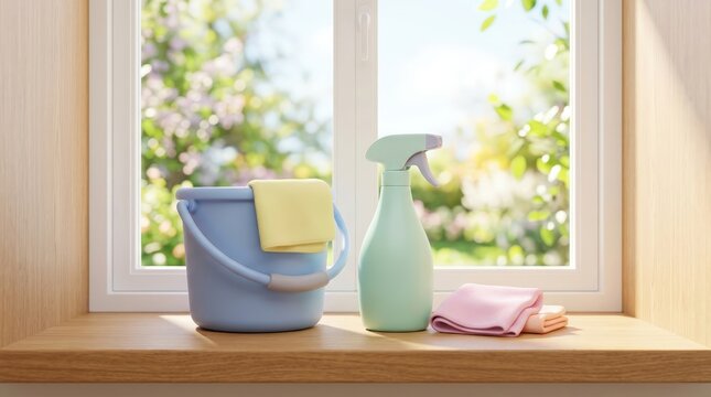 Cleaning bucket, spray bottle, and cloths on windowsill in bright natural light