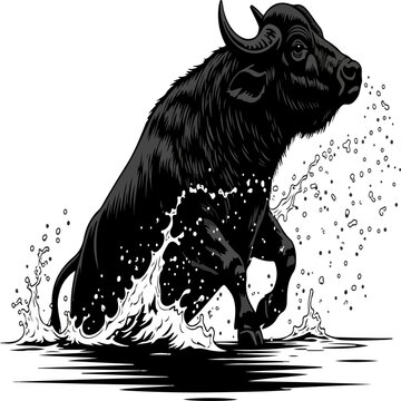 angry mythical water buffalo charging through stormy waves vector illustration