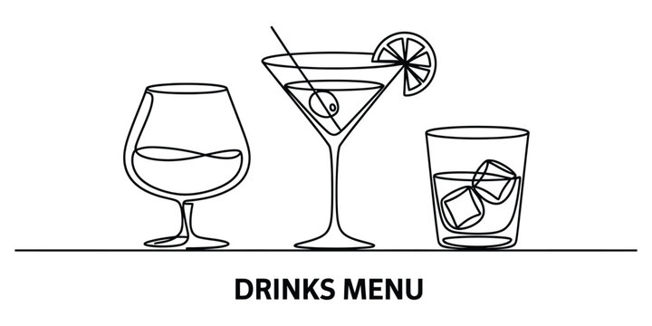 Continuous line art of different alcoholic drinks for a bar menu