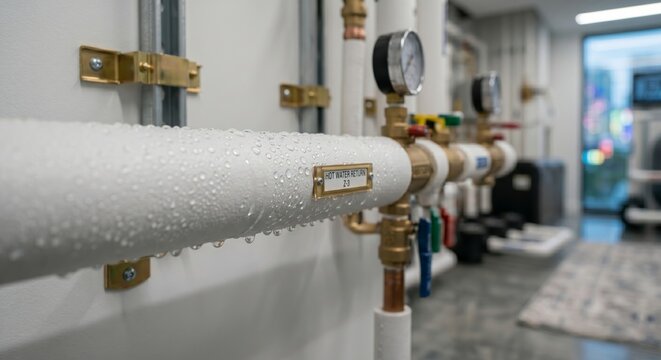 Condensation on cold insulated pipes with gauges and valves in industrial setting with grey background