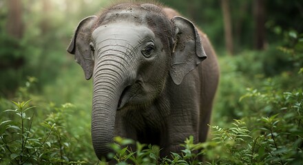 Fototapeta premium Young Asian elephant calf standing in a lush green jungle environment with a blurred forest background.