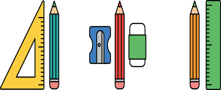 School Stationery Vector Set with Set Square, Pencils, Sharpener, Eraser, and Ruler, Classroom Learning Tools and Educational Supplies for Student Design Projects.