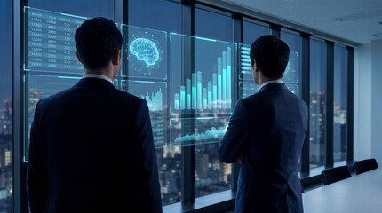 Fototapeta premium Businessmen analyzing futuristic data interface in night office