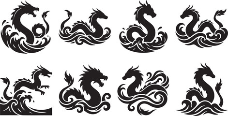 Sea Dragon and Serpent Silhouette Ocean Wave Vector Set © Vector 4 You