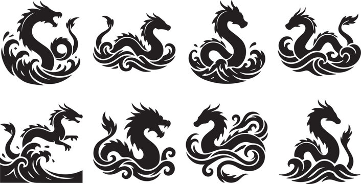 Sea Dragon and Serpent Silhouette Ocean Wave Vector Set