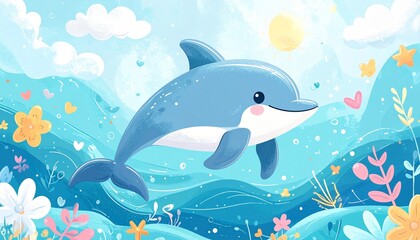 Fototapeta premium Illustration of a smiling dolphin swimming through soft blue water