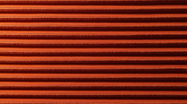High-resolution macro of burnt orange corduroy fabric texture with parallel ridges and soft velvet-like ribbed surface.