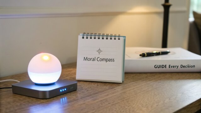 A Spiral Bound Notebook Featuring the Title 'Moral Compass' Illuminated by Soft Light on a Desk