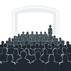Obraz premium Audience watching presentation on screen, speaker on stage, vector art