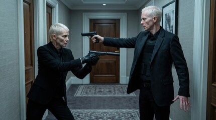 Naklejka premium Two secret agents point guns at each other. Tension and betrayal. A cinematic standoff.