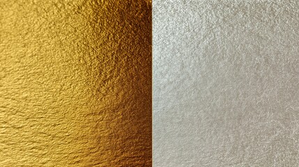 Fototapeta premium Split-screen background of luxurious warm yellow gold and cool white gold foil with organic hammered textures and elegant metallic grain.