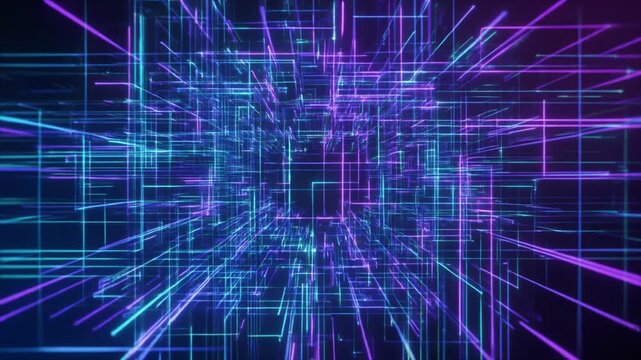Futuristic Cyberpunk Motion Background with Glowing Blue and Purple Neon Grid Lines Flying Toward Camera