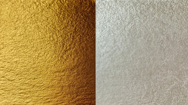 Split-screen background of luxurious warm yellow gold and cool white gold foil with organic hammered textures and elegant metallic grain.