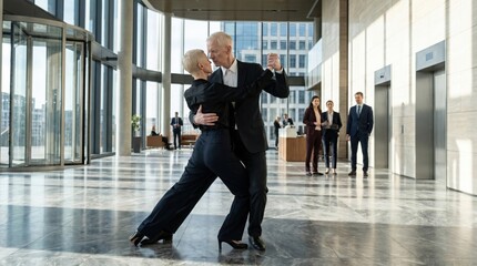Obraz premium Business couple dancing tango. Professional passion in office. Success.
