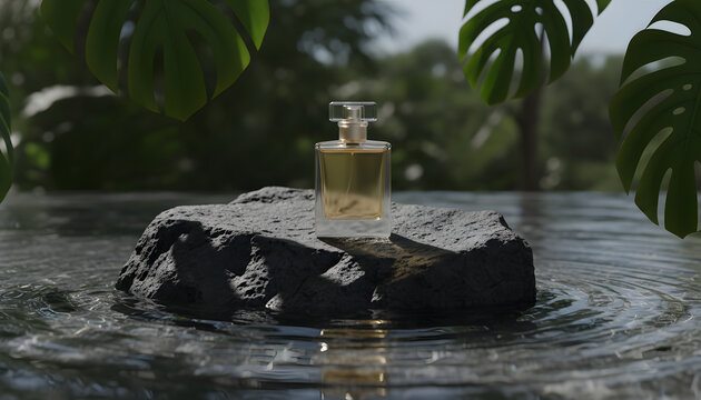 Elegant perfume bottle displayed on a natural rock amidst lush foliage and rippling water, evoking a sense of luxury and nature
