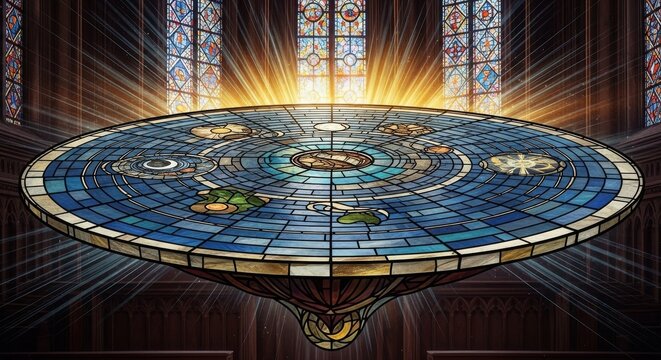 Intricate Stained Glass Celestial Disc Window
