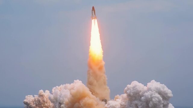 Powerful Space Shuttle Rocket Launch into Space from Launch Pad, with Intense Flame and Smoke Trail
