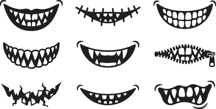 Evil Smile and Scary Mouth Silhouette Icon Set
