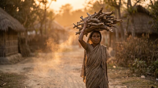 Senior Indian Woman (Homo sapiens) carrying a heavy bundle of dry firewood on her head in a rural village at sunset; traditional South Asian labor, fuel gathering, and rural poverty concept.