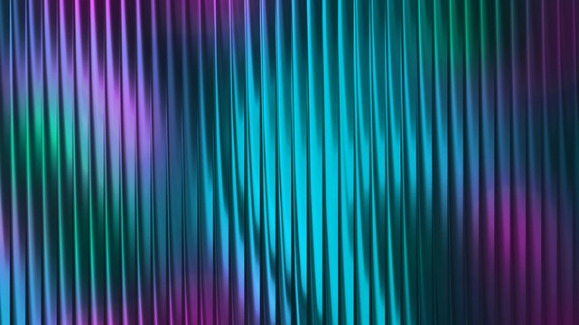 Dark holographic gradient glass with vertical ripple waves, neon cyan purple abstract background, futuristic metallic stripes, glossy distortion texture, modern digital fluid light design.